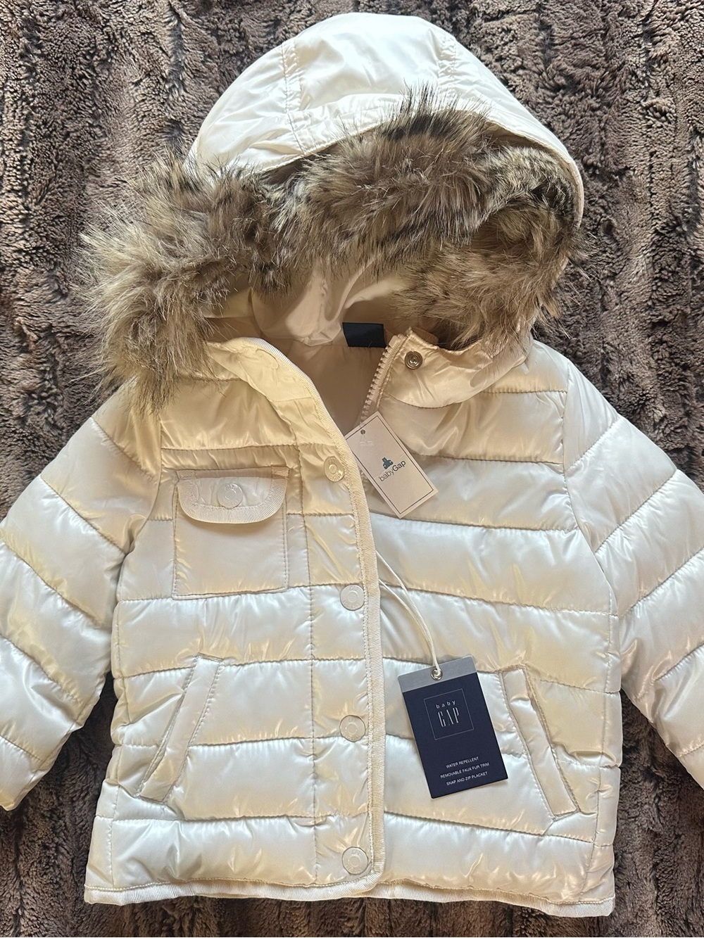 GAP Cream Quilted Puffer Jacket with Faux Fur Hood
